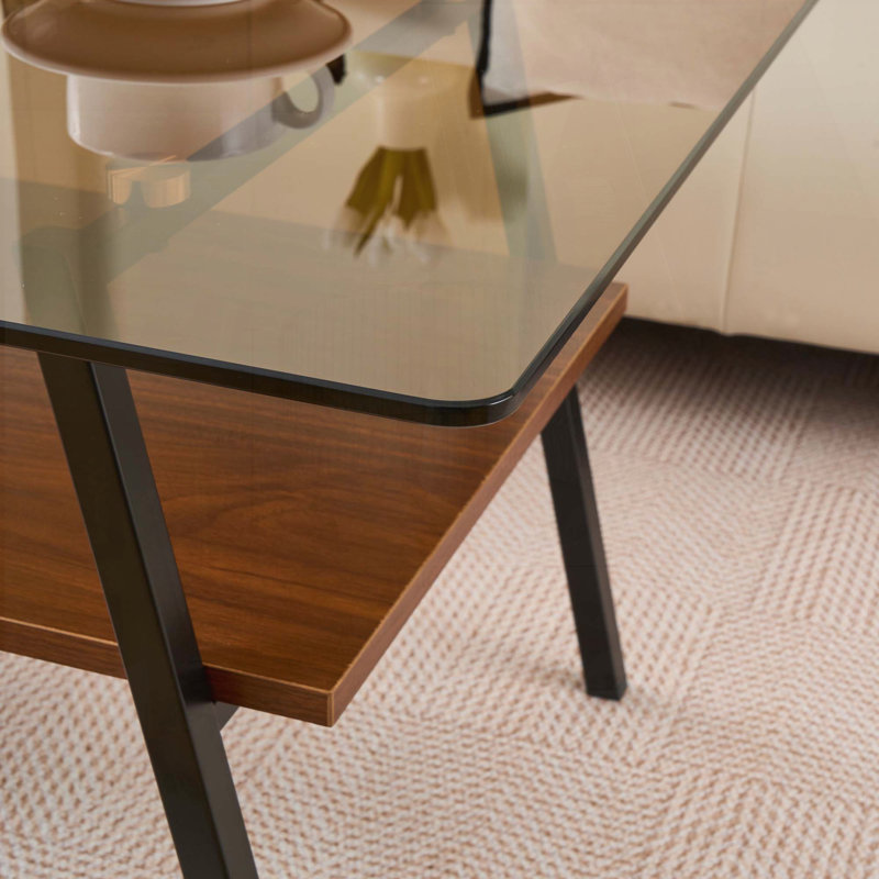 Rectangle Coffee Table with Brown Tempered Glass Top and Metal Legs – 38.58", Brown, Black