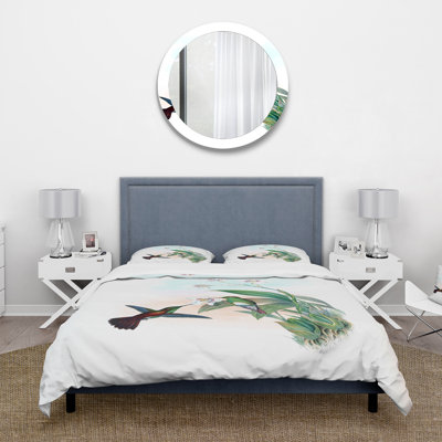 Colibri rétro volant à une fleur - ensemble de housse de couette traditionnel - microfibre de polyester