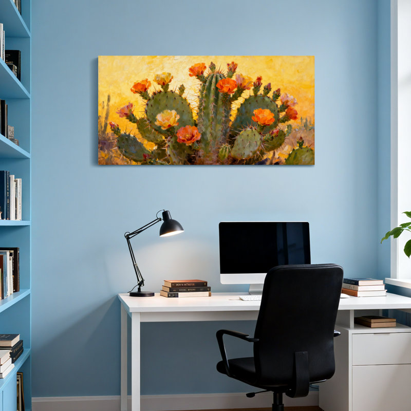 Plantes et fleurs de cactus dans une lumière chaude du désert, H 16 po x l 32 po