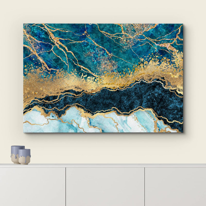 Or et sarcelle marbré foncé, paysage abstrait, formes modernes, sur toile, Toile tendue, H 16 po x l 24 po x P 1,5 po