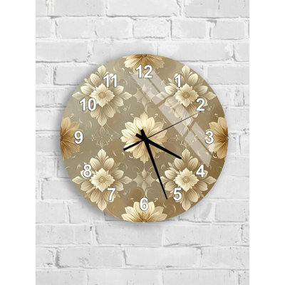 Horloge murale florale en verre trempé, beige, fleurs dorées, décoration intérieure, grande horloge murale, horloge moderne, décor de ferme, cadeau de pendaison de crémaillère