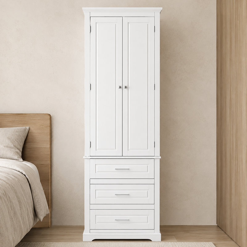 Freestanding Tall Bathroom Storage Linen Cabinet With Drawers, Adjustable Shelves, Metal Handles