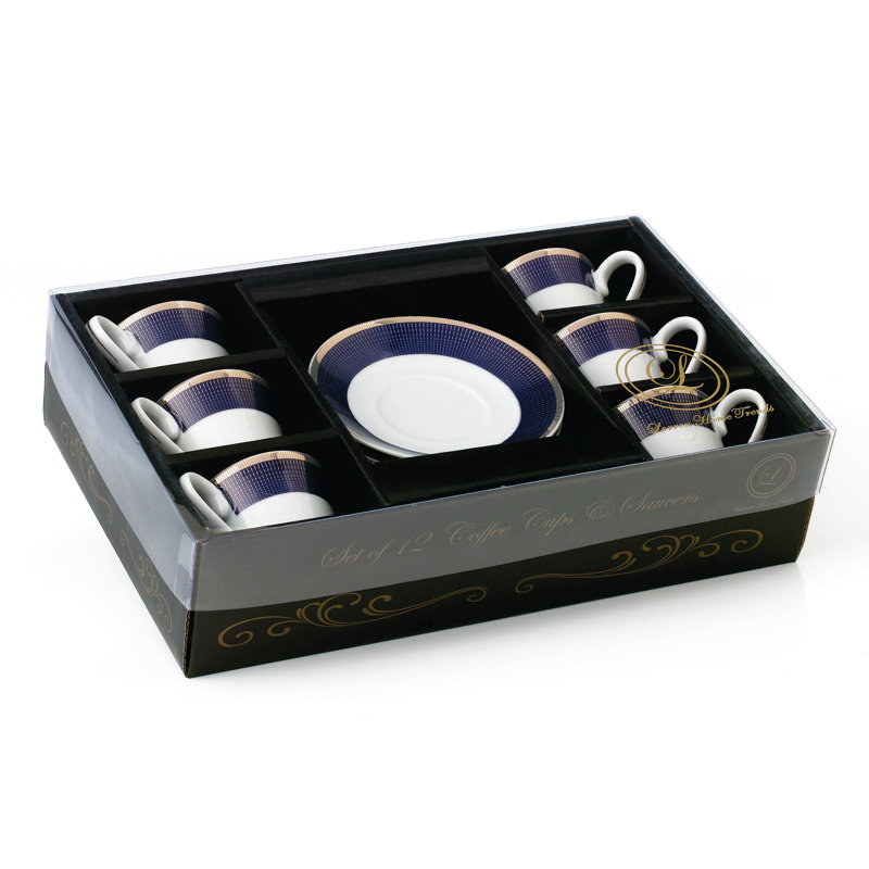 Elegant Blue and Gold Ceramic Espresso Cup and Saucer Set