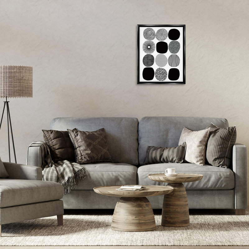 Art mural noir et blanc à motif de cercles flottants par Lisa Nohren, H 31 po x l 21 po, Cadre flottant noir de jais