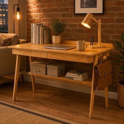 Solid Wood Writing Desk with 2 Drawers & Storage Shelf, Mid-Century Modern Computer Desk with Side Hooks for Home Office, Study & Bedroom