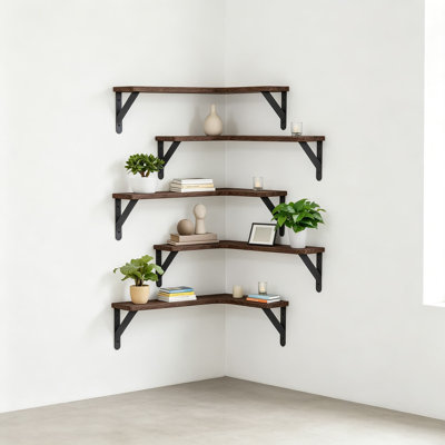 Ensemble d'étagères de coin flottantes, étagères murales rustiques en bois avec supports métalliques, étagères de rangement en forme de L pour chambre, salon, cuisine, salle de bain ou bureau
