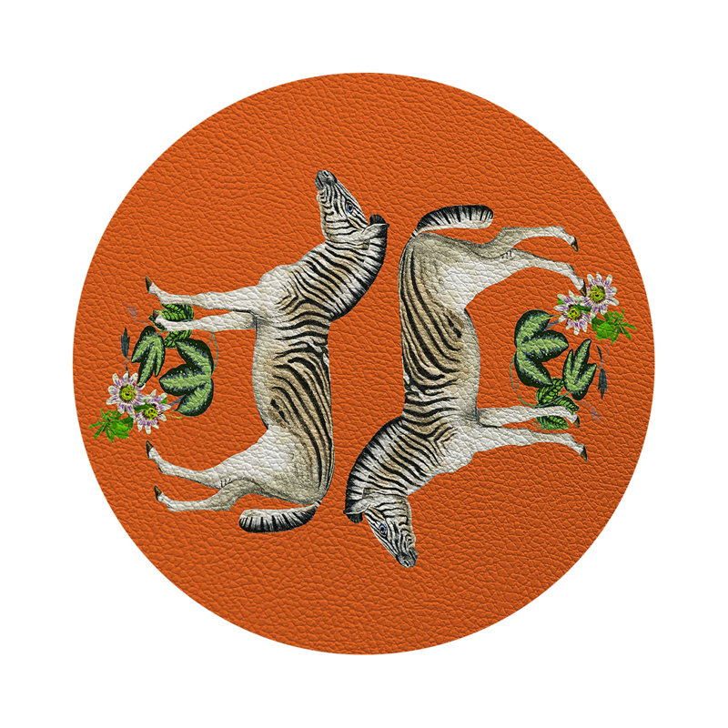 Zebra Seeing Double Teal Vegan Leather Round Coasters, Orange