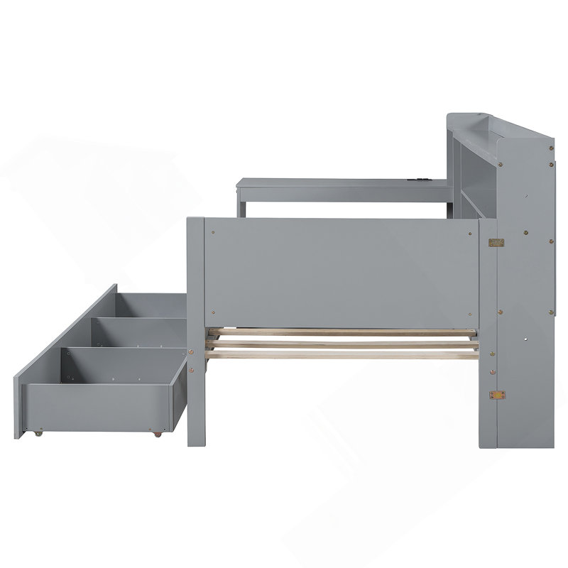 Lit de jour en bois avec 3 tiroirs, ports USB et bureau, Double, gris