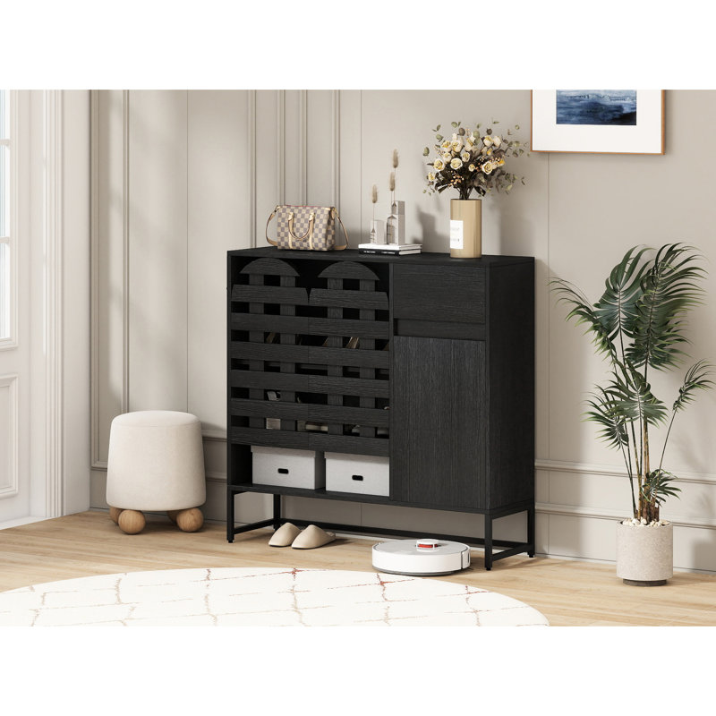 Black Woven Door Cabinet With Arched Doors, Adjustable Shelves And Metal Legs For Entry Living