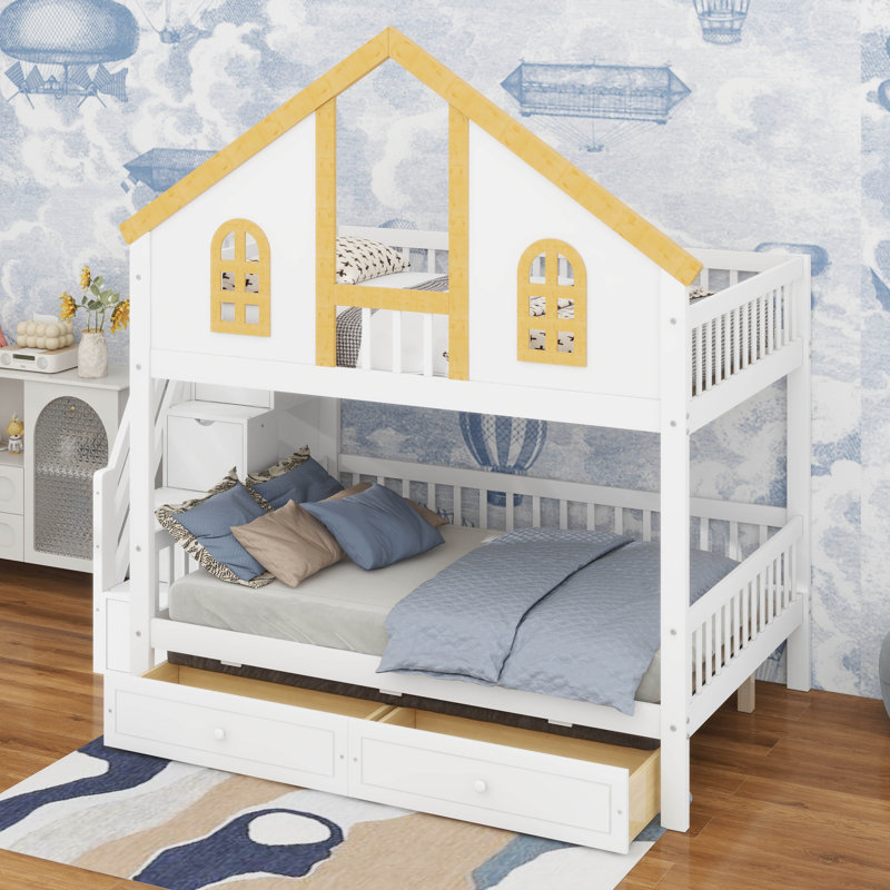 House-Shaped Bunk Bed With Storage Drawers & Staircase – Playhouse Loft Bed With Windows, Door & Roof, Full