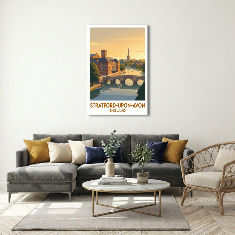 Stratford-upon-Avon, England - Romantic Riverbank Travel Poster. Giclee Print On Wrapped Canvas. Wall Art, Home Decor - Cities & Towns, England - Wrapped Canvas Print