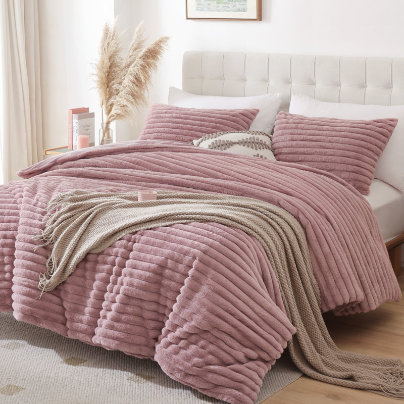 Fluffy Comforter Set 3 Pieces- All Seasons Heavy Faux Fur Comforter With Two Pillowcases, Old Pink