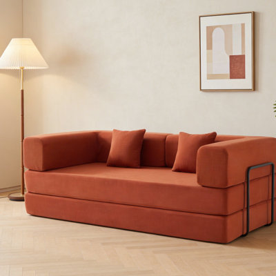 Canapé-lit orange orange à 3 places en velours côtelé avec structure fixe, coussin cylindrique, confort, mousse à mémoire de forme à haute densité, accoudoirs carrés, siège souple en tissu respirant pour salon en métal, coussin antidérapant pour