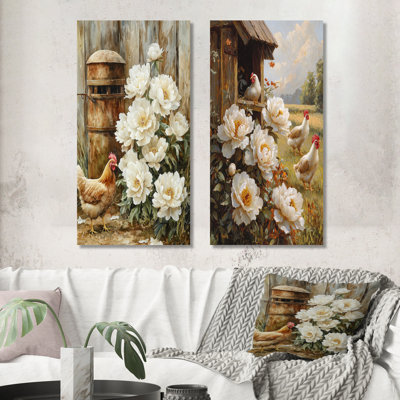 Farm Peonies at the Chicken Feeder I – White Botanical Metal Wall Decor Set of 2 Prints