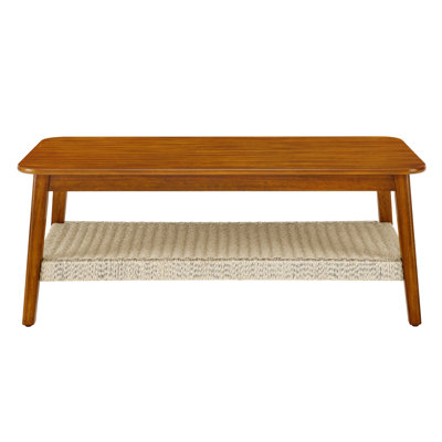 47.25" Mid-Century Coffee Table With Woven Shelf, Boho Rattan Coffee Table With Storage, Farmhouse Wood Low Rectangle Tea Table For Living Room Couch by Dakota Fields