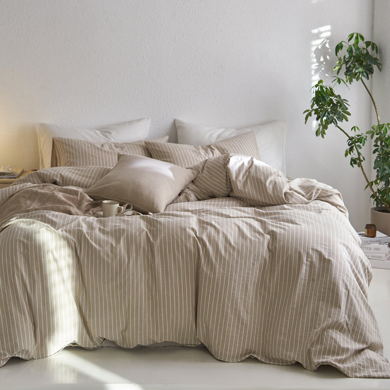 MooMee Striped Duvet Cover Set 100% Washed Cotton Linen Like Textured, Wide Stripes - Tannish Linen Gray/White