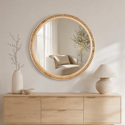 Miroir mural rond de 30 po x 30 po en bois naturel avec cadre en bois massif perlé, miroir rustique de décor de ferme pour entrée, salle de bain et salon