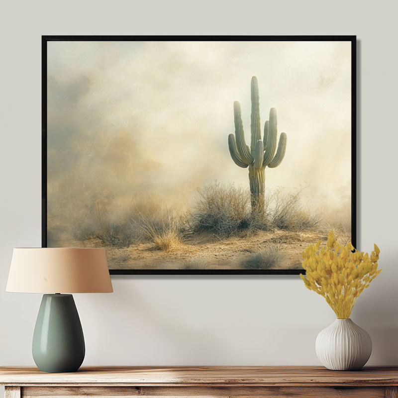 Cactus tempête de sable II - cactus, art mural, H 12 po x l 20 po, Cadre flottant, Noir