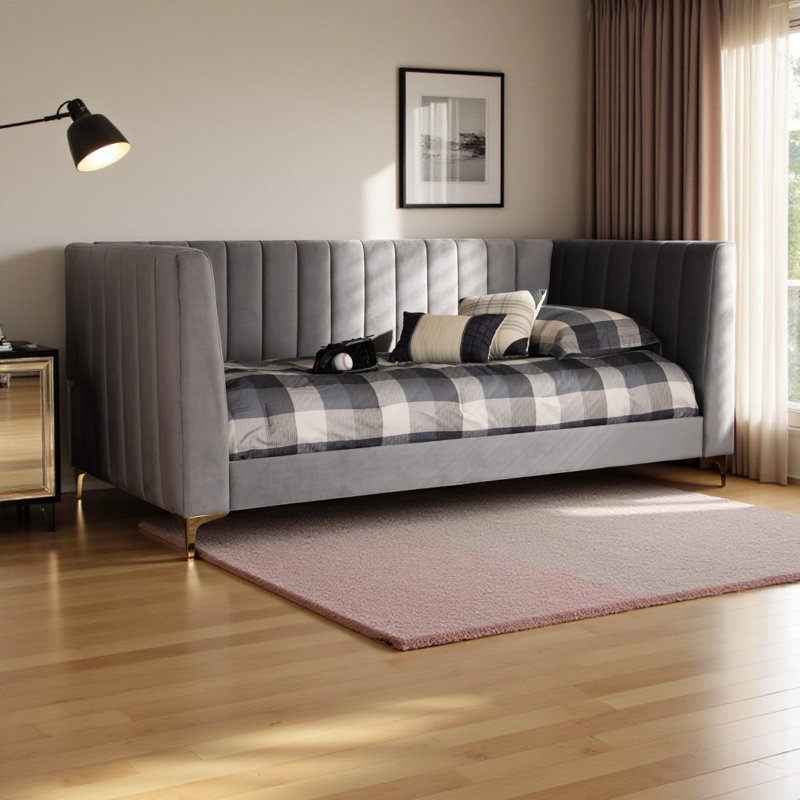 Sunbrook Modern Light Grey Velvet Fabric Twin Size Daybed, 37.37'' H X 90.06'' L X 42.15'' W, Gray