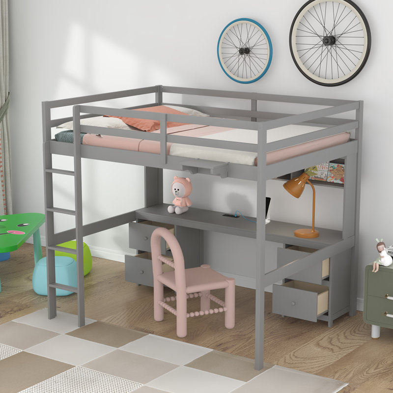 Lit mezzanine double avec bureau Briona Kids, Gris