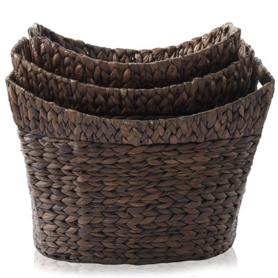 Set of 3 Water Hyacinth Oval Baskets - Espresso, Woven Laundry Totes