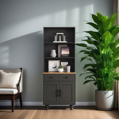Farmhouse Storage Cabinet With 4 Solid Wood Gourd-Shaped Legs, Modern Kitchen Pantry Cabinet With Adjustable Shelves, 5 Tier Bookshelf With Drawer For Living Room