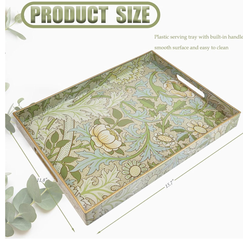 Dianthus Pattern Plastic Serving Tray with Handles, Decorative Tray for Coffee Table Living Room Home Decor
