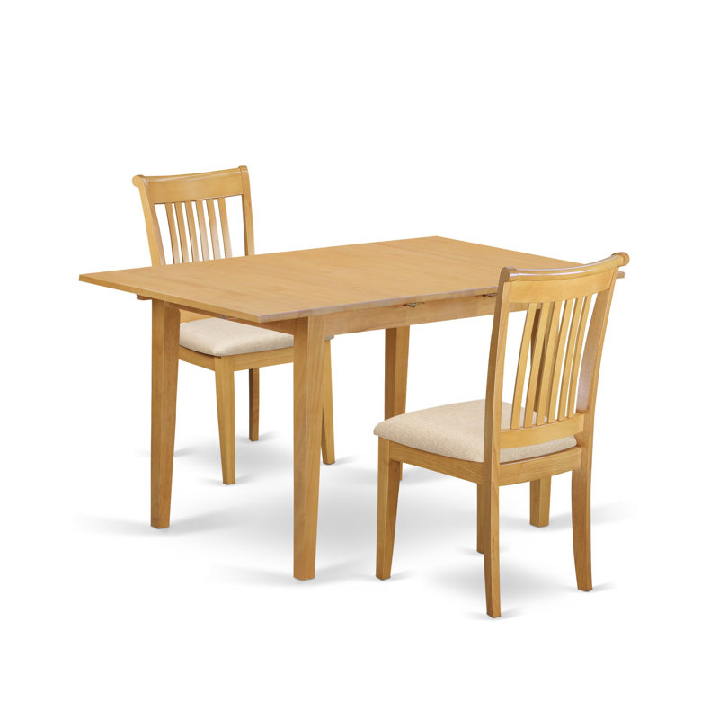 L'ensemble de table de salle à manger 3 pièces contient une table de salle à manger rectangulaire avec feuille papillon et 2 chaises en tissu de lin, chêne