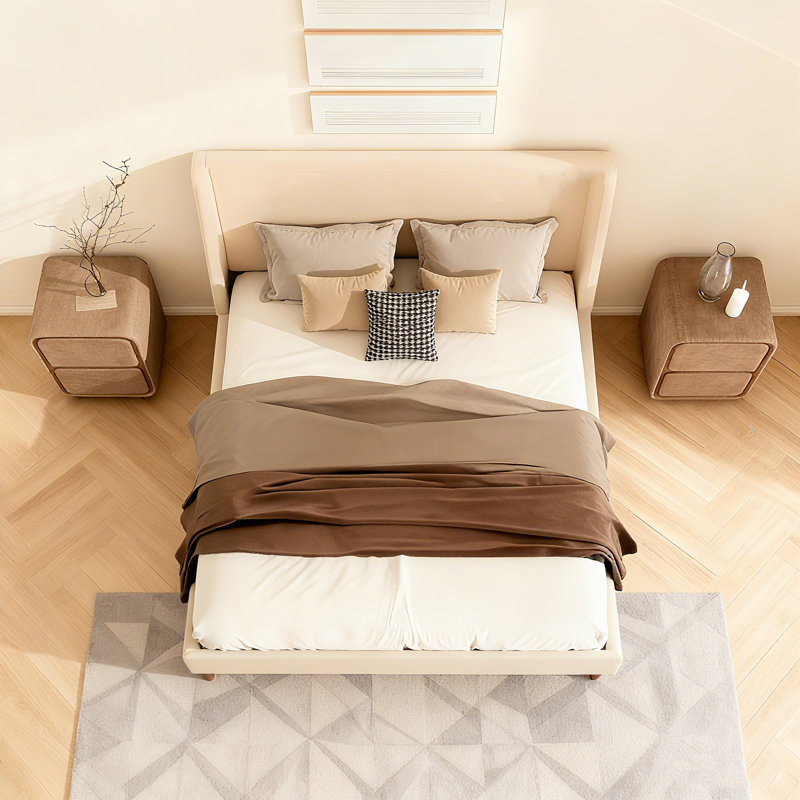 Lit plateforme tapissier en velours avec tête de lit à oreilles et pieds en bois de noyer, aucun sommier nécessaire, Beige
