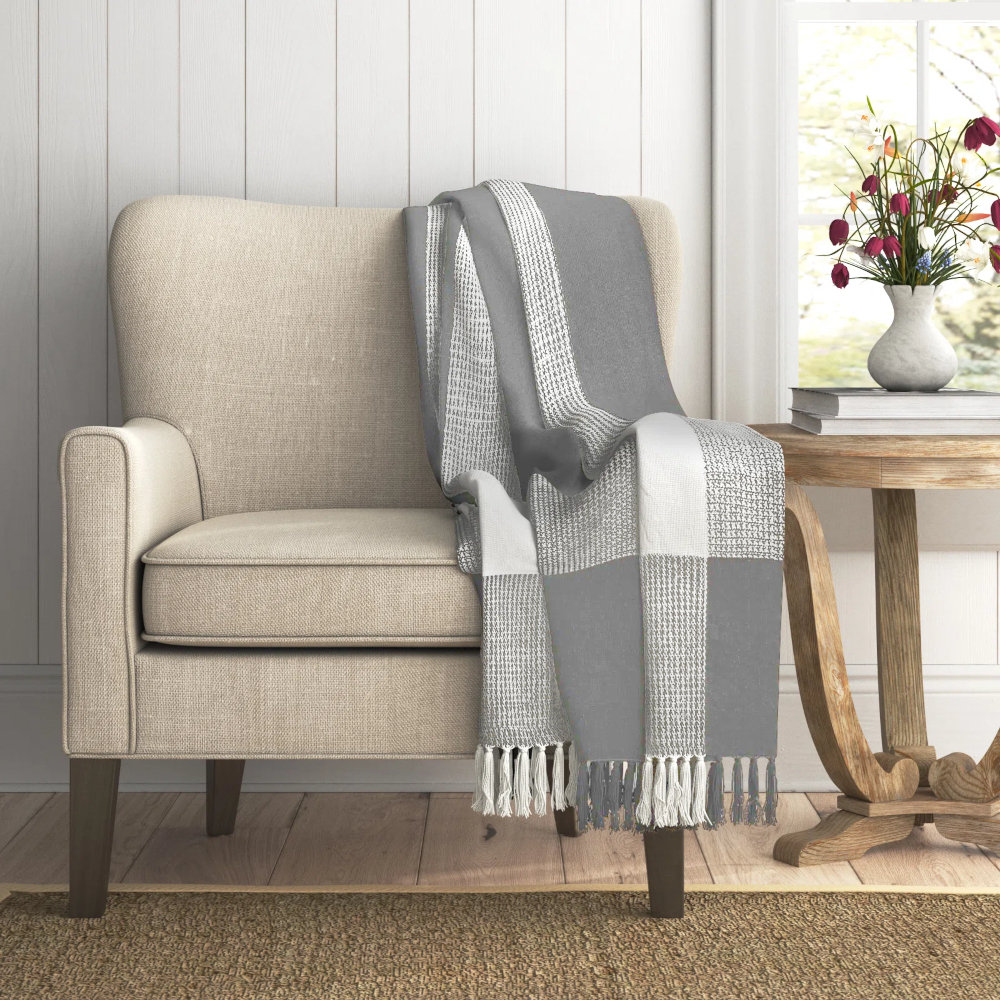 Plaid Cotton Throw Blanket, Gray