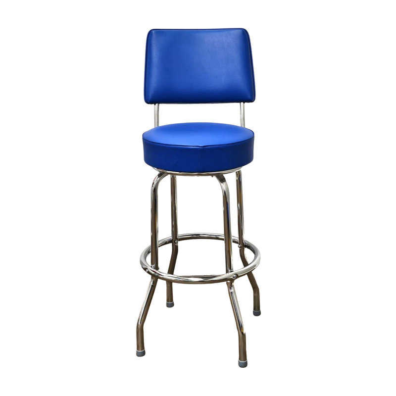Retro Blue Upholstered Swivel Bar Stool with Metal Frame