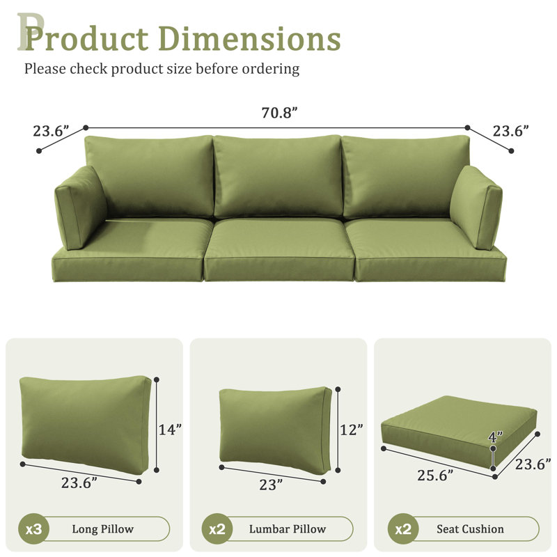 Outdoor 4" Thick Replacement Cushion Set Seat/Back Cushion (Set Of 3 Seats , 3 Backs , 2 Short Backs), Light Green