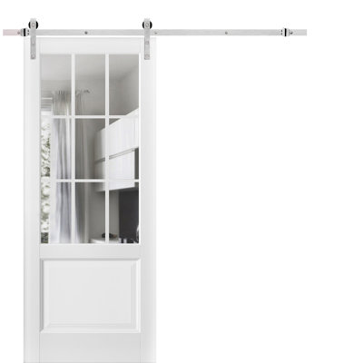 Porte de grange robuste Felicia 3599 Blanc Soie avec vitrage transparent, rail de 2 m, quincaillerie renforcée, porte intérieure à panneau plein - 107 cm x 213 cm - vitrage transparent - rail argenté