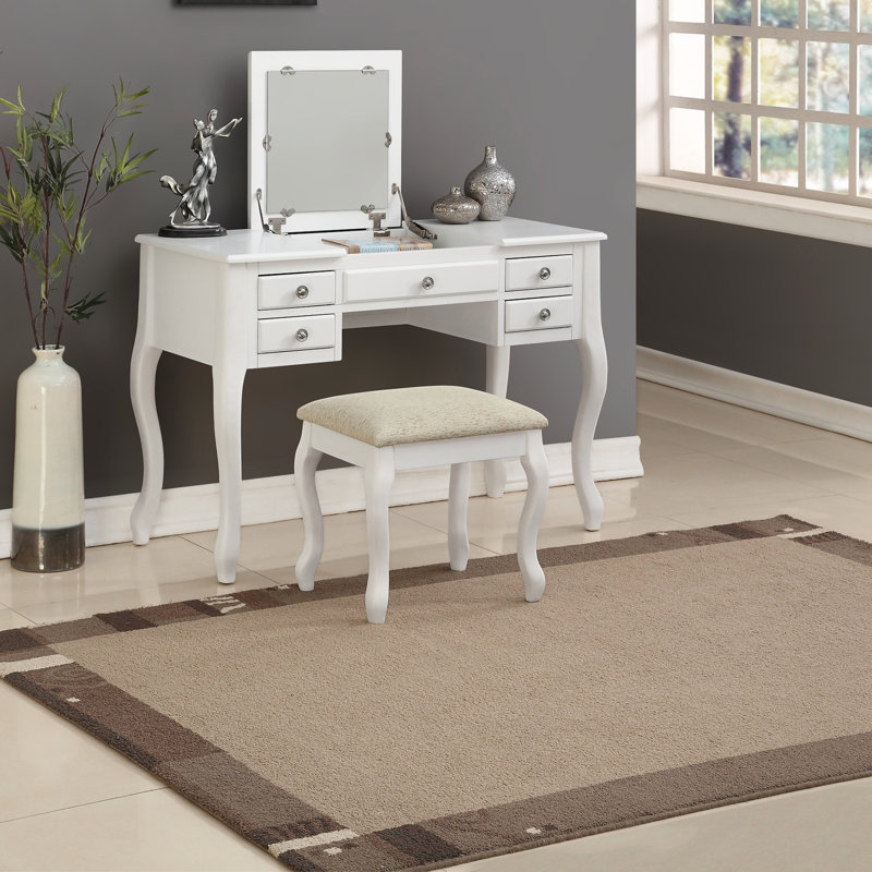 Classic Vanity Set W Stool Silver Color Drawers Open-Up Mirror Bedroom Furniture Unique Legs Cushion Seat Stool Vanity, White