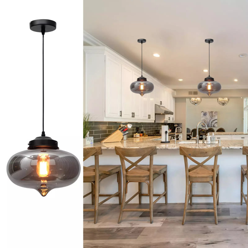 Large Glass Pendant Light – Industrial Vintage Ceiling Hanging Lamp, Grey