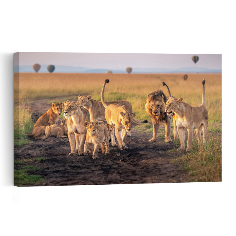 African Lion Family Sunrise Abstract Contemporary Landscape Nature Wall Art Print 1 Piece Wrapped Canvas Wall Art