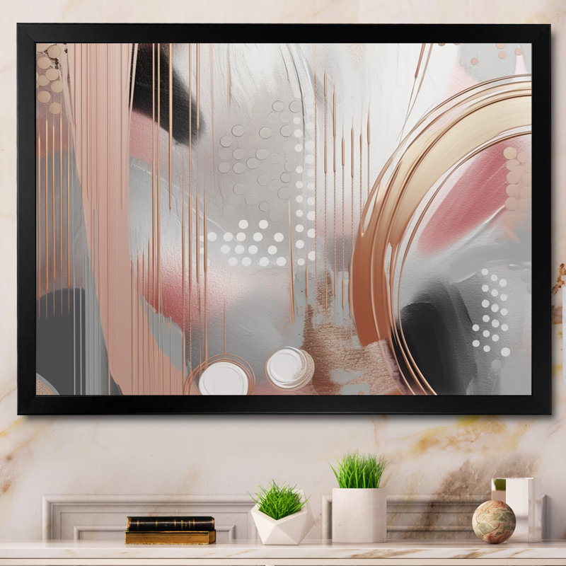 «Pink Rosegold Circle Chaos II», art moderne sur toile transitionnel, Cadre photo noir, L 20 po x H 12 po