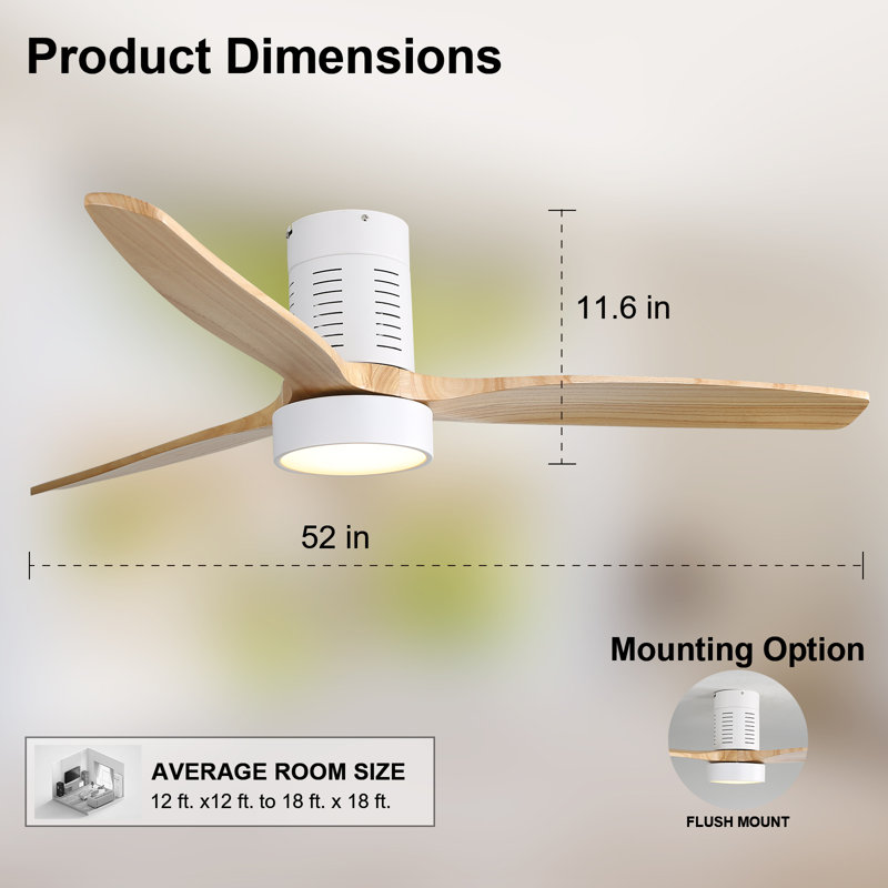 Kemp 52'' 3 -Blade LED Flush Mount Ceiling Fan with Remote Control and Light Kit Included, White/Light Wood Blades