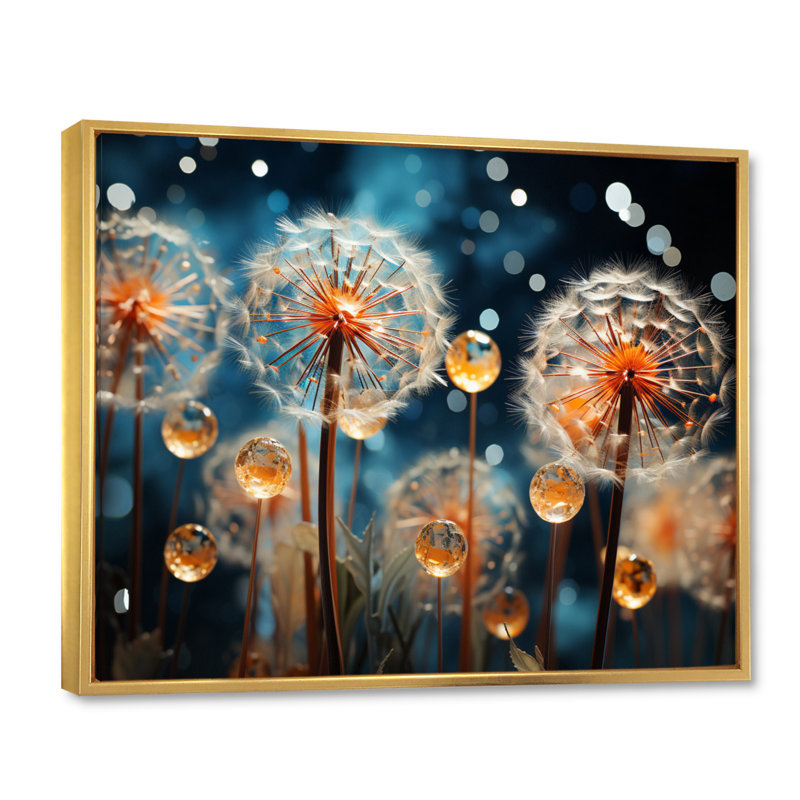 «Blue Dandelion Floral Symphony VII», reproduction sur toile, Cadre flottant doré, H 16 po x l 32 po x P 1 po