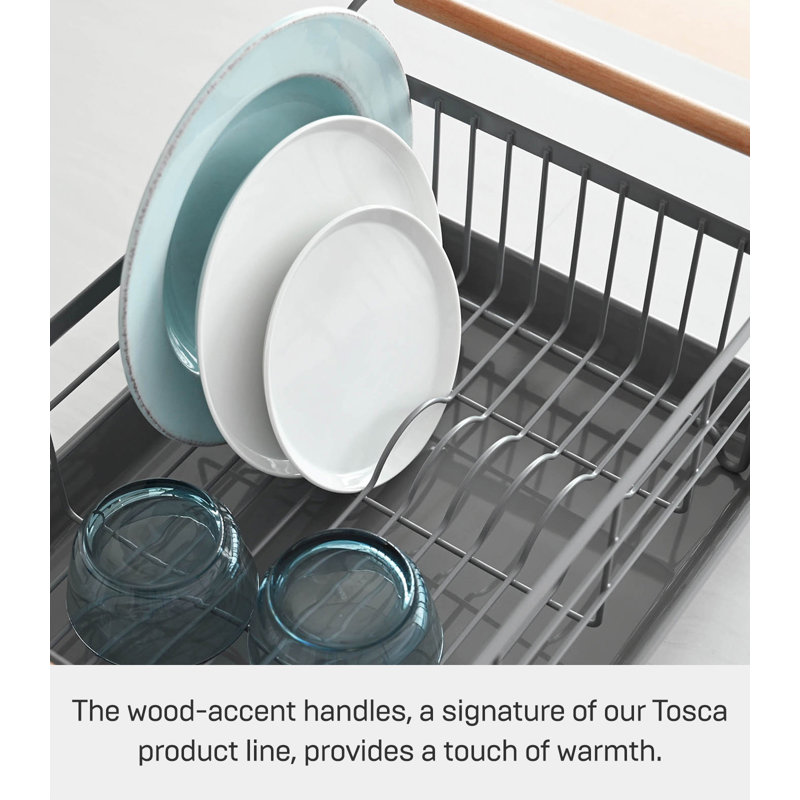Gray Steel Dish Drainer Rack with Wood Handles and Utensil Cup