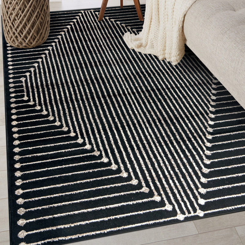 Tapis moderne noir et crème à motif géométrique, Rectangle 4pi x 6 pi
