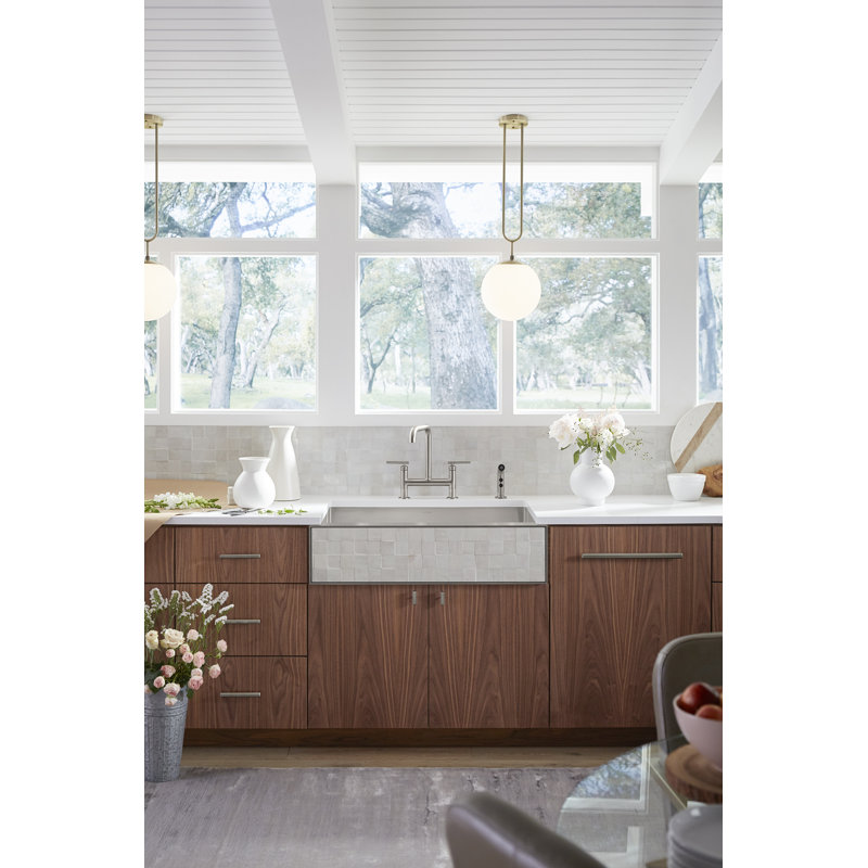 Kohler Purist® Two Handle Deck-Mounted Bridge Kitchen Sink Faucet with Pull Out Side Sprayer, French Gold