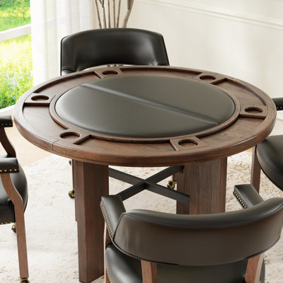 Surface de jeu et de salle à manger ronde avec insert en similicuir, plateau à copeaux, patins de sol, finition noyer rustique, support de pieds de style scandinave en cuir noir 2 en 1, 6 porte-gobelets, recouvert de feutre