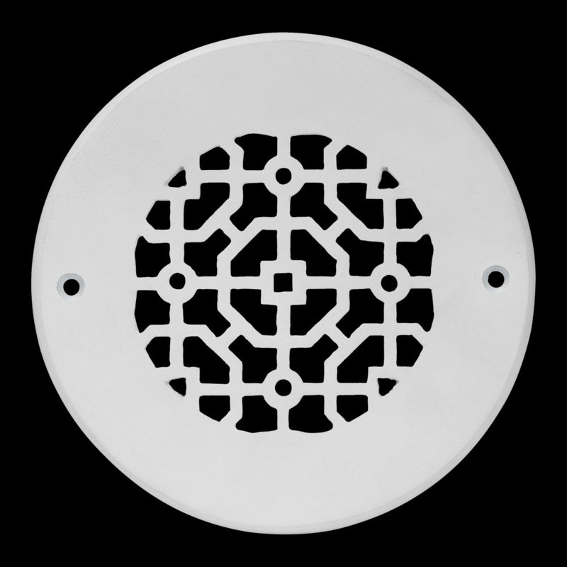 Grille ronde en fonte d'aluminium de 5 po (6 1/2 po au total) thermolaquée, Blanc thermolaqué, Mur avec trous de vis