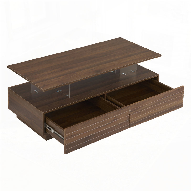 Rectangular LED Lights Coffee Table with 2 drawers, Walnut