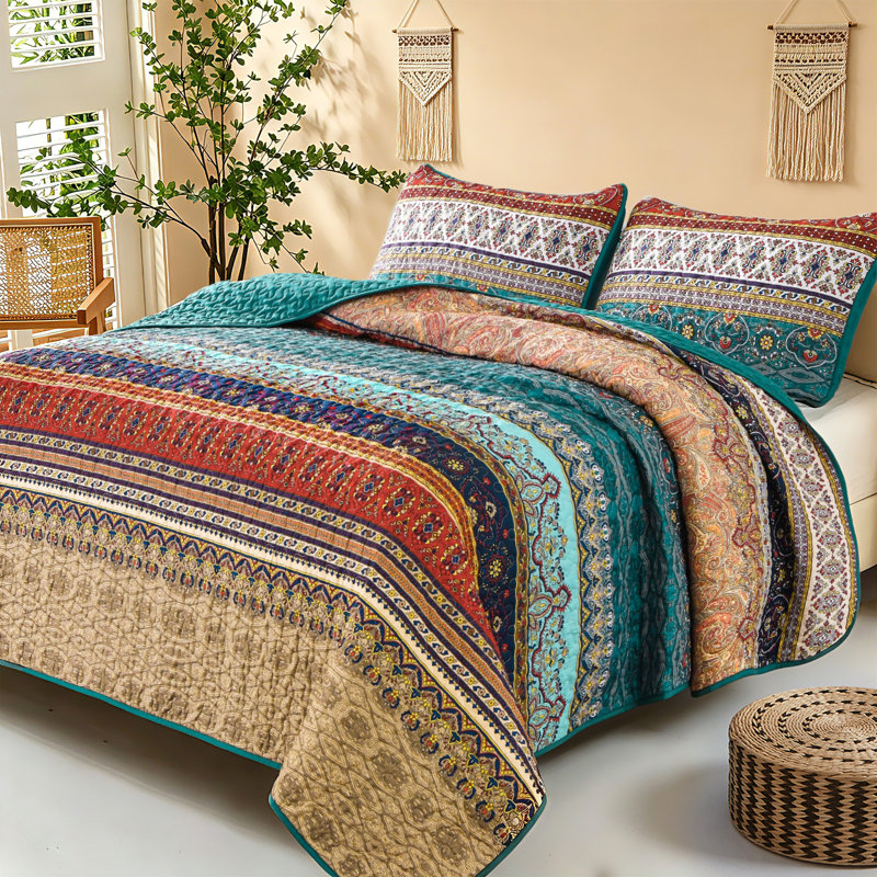 Ensemble de courtepointe réversible 3 pièces Boho, Brun/vert, Courtepointe très grand et 2 très grandes taies 