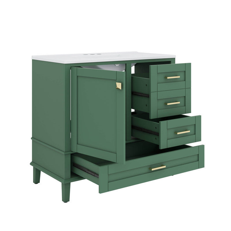Meuble-lavabo tendance 36 po avec 1 porte à fermeture douce et 3 tiroirs, Vert, Doré