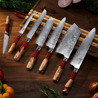 Ensemble de couteaux de cuisine japonais Senken Knives forgé à partir de 67 couches d'acier Damas Vg10 avec une superbe poignée en bois de résine noire - Collection Tsunami Black
