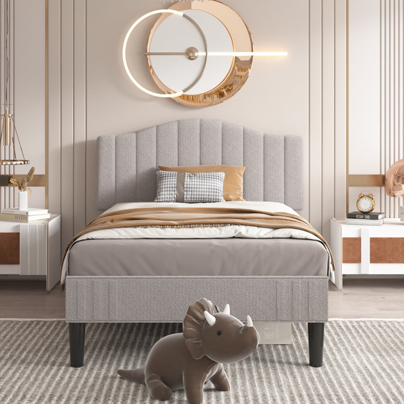 Structure de lit simple tapissier en tissu gris avec tête de lit réglable en hauteur, rangement silencieux, aucun sommier tapissier requis