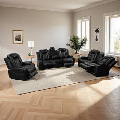3-Piece Breathing Leather Power Recliner Sofa Set With LED Light,Wireless Charging Station, And Storage Armrest by Ivy Bronx